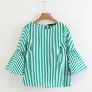 Pearls Beading Striped Shirts