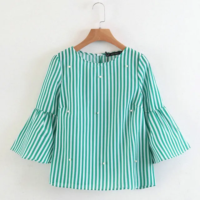 Pearls Beading Striped Shirts