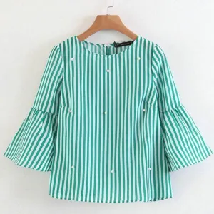 Pearls Beading Striped Shirts