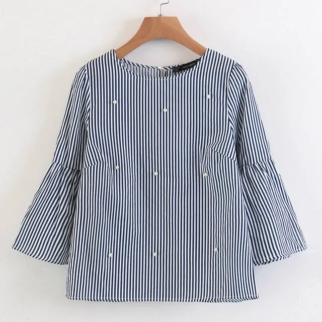 Pearls Beading Striped Shirts