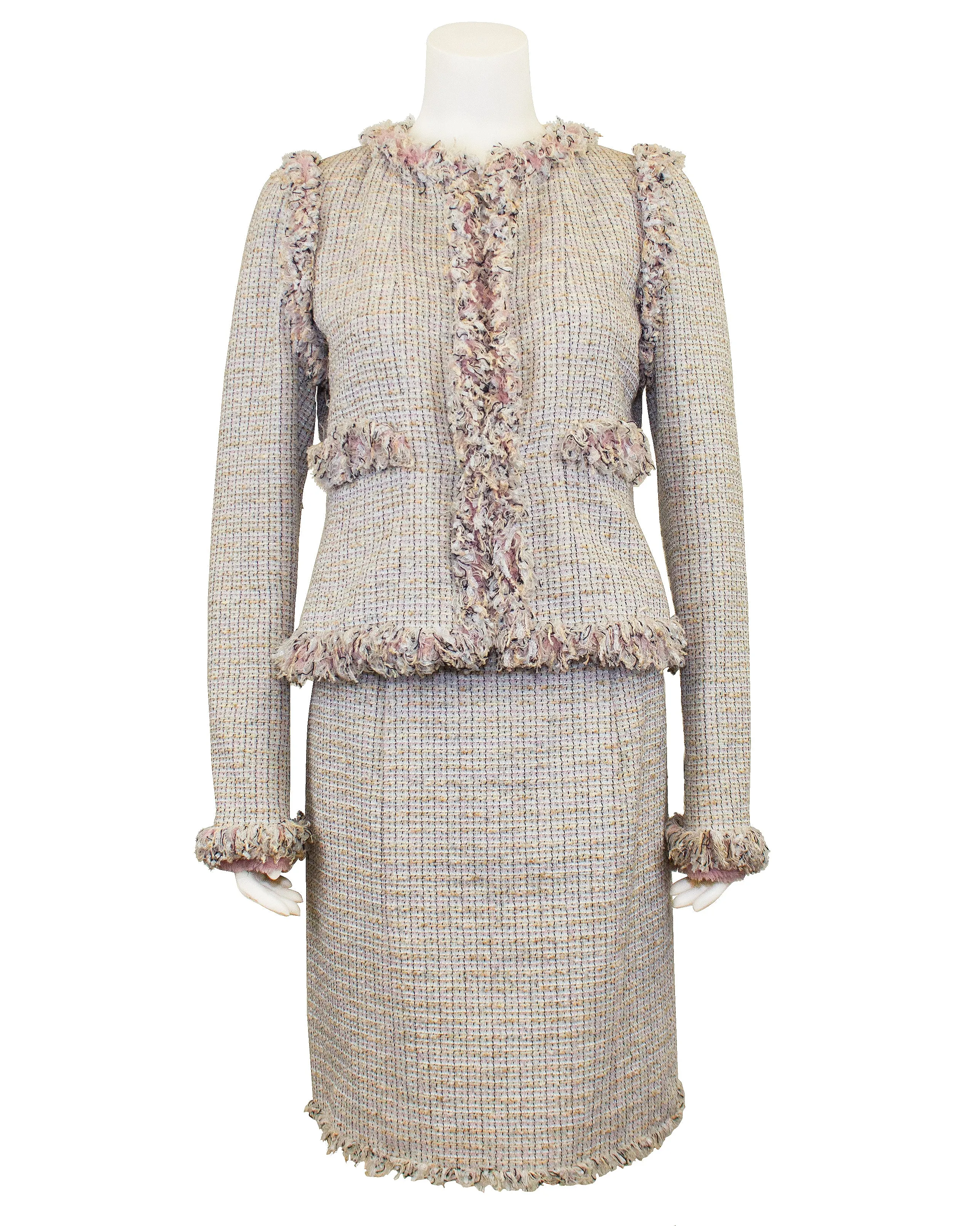 Pink Tweed Skirt Suit with Fringe Trim