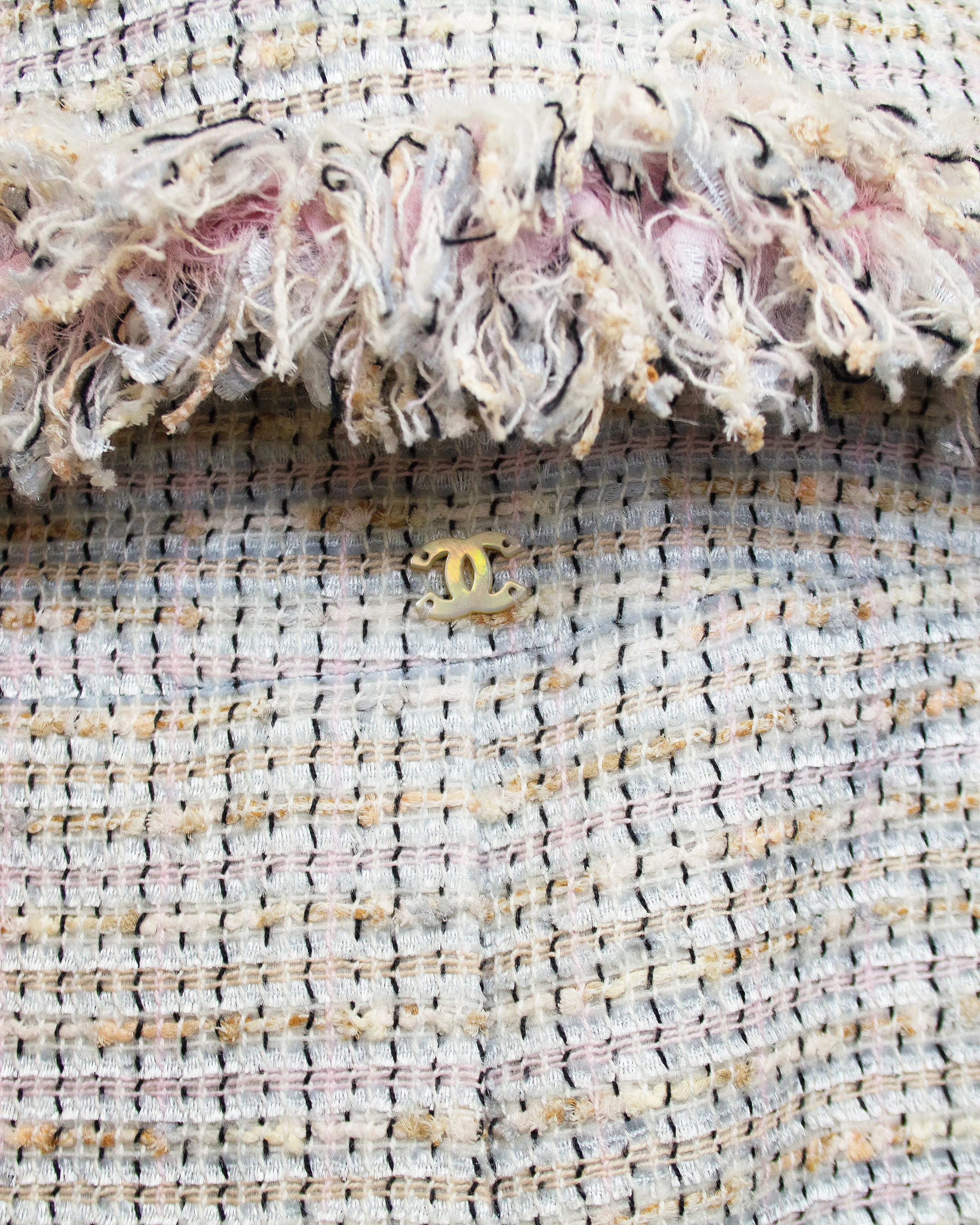 Pink Tweed Skirt Suit with Fringe Trim