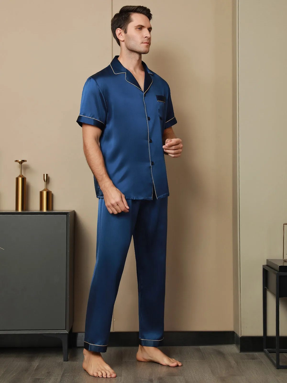 Piping Trim Heren Moerbei Zijde Pyjamas