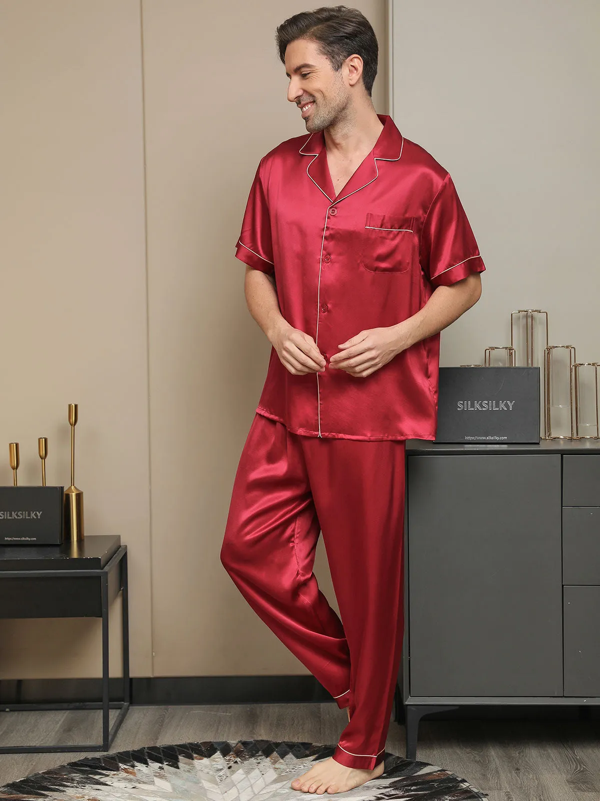 Piping Trim Heren Moerbei Zijde Pyjamas