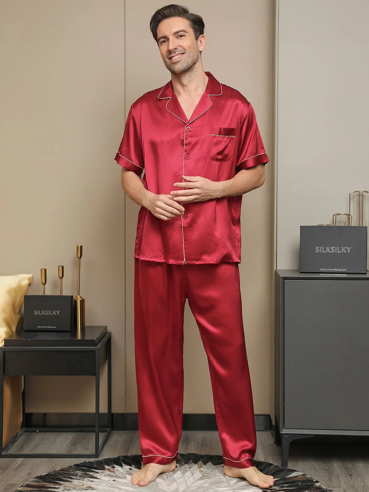 Piping Trim Heren Moerbei Zijde Pyjamas