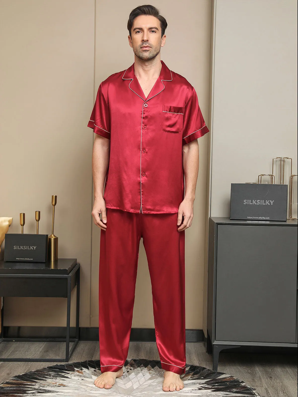 Piping Trim Heren Moerbei Zijde Pyjamas