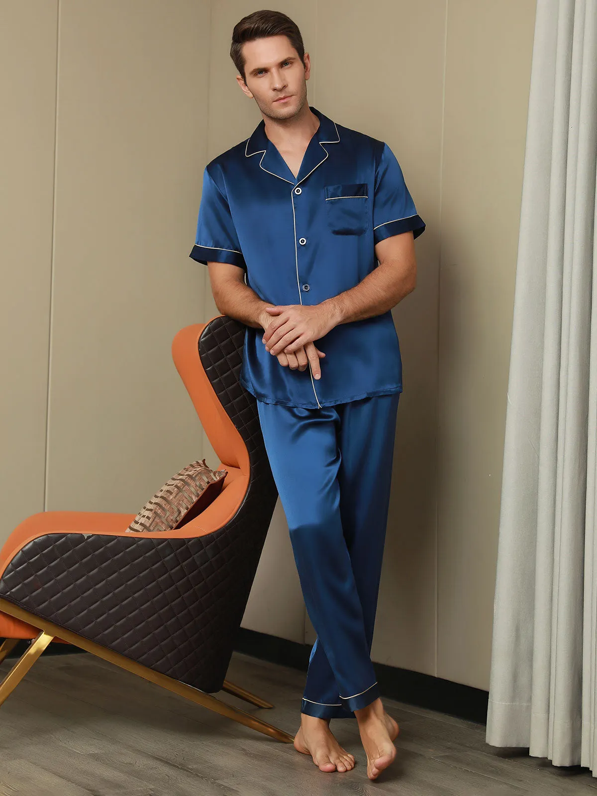 Piping Trim Heren Moerbei Zijde Pyjamas