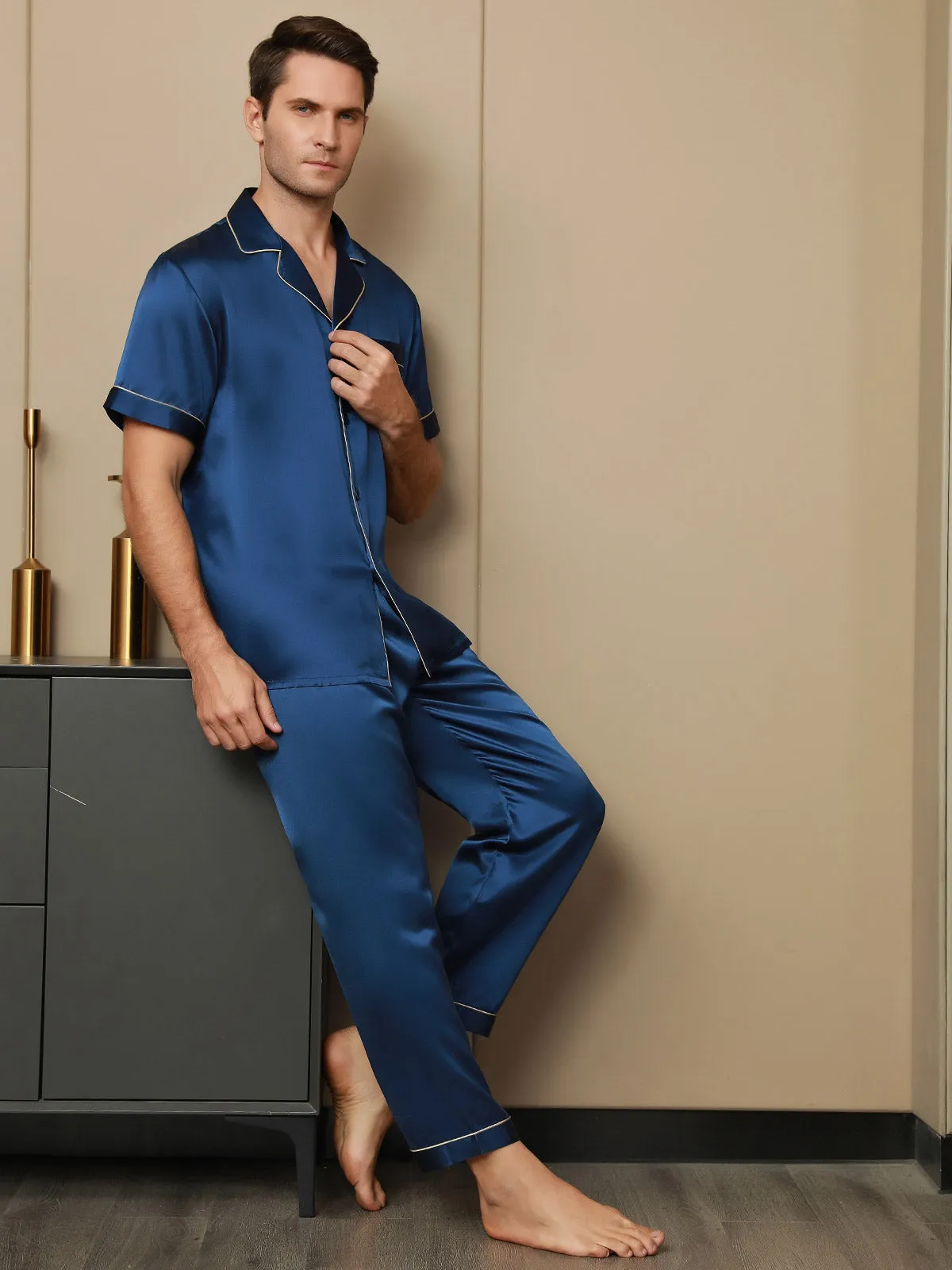 Piping Trim Heren Moerbei Zijde Pyjamas
