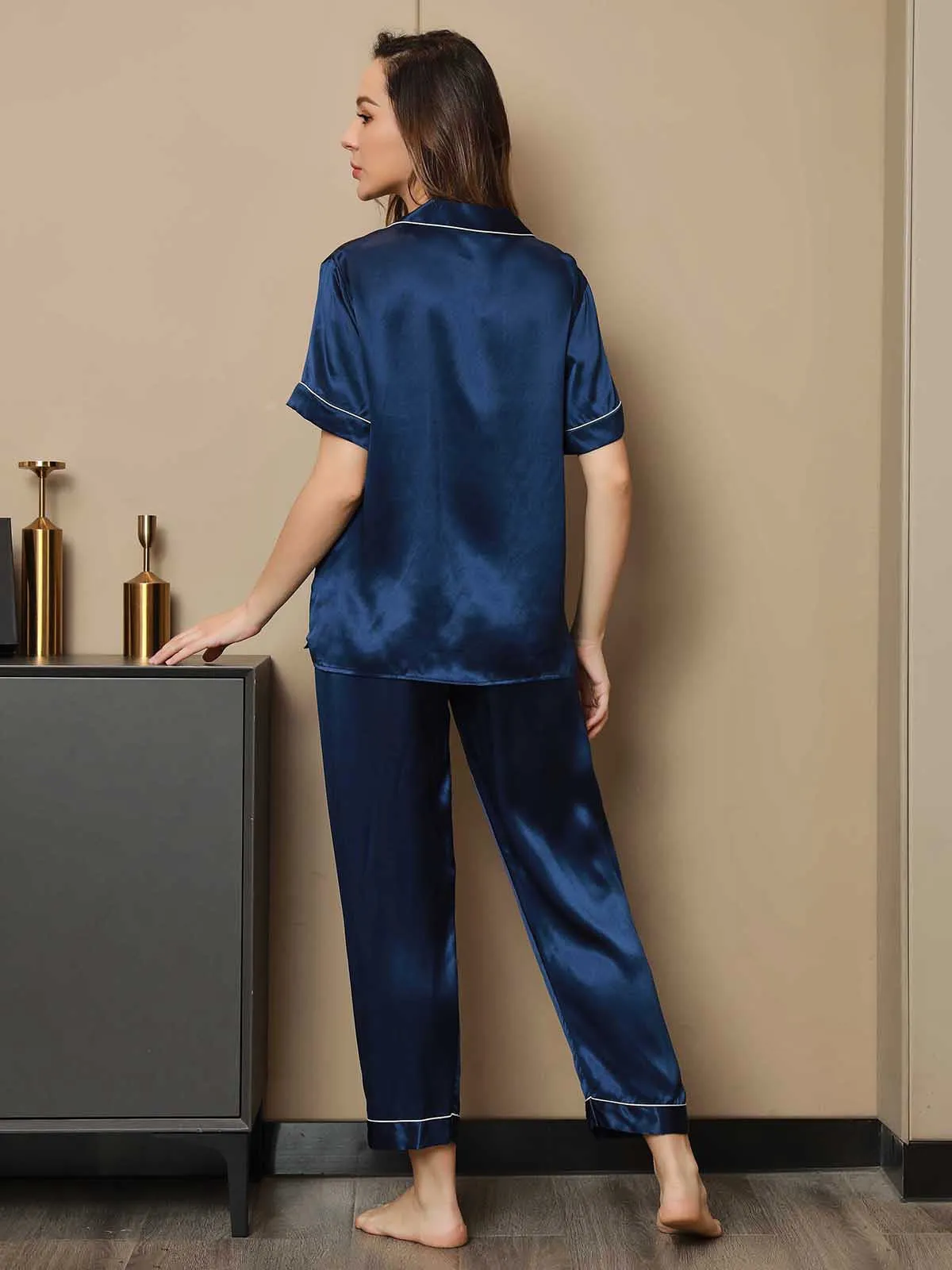 Piping Trim Moerbei Zijde Pyjama Set 2Pcs