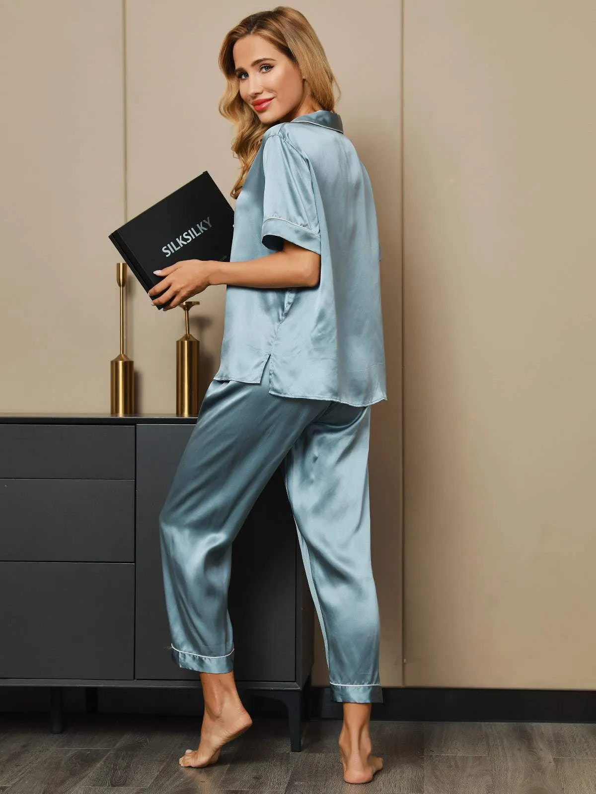 Piping Trim Moerbei Zijde Pyjama Set 2Pcs