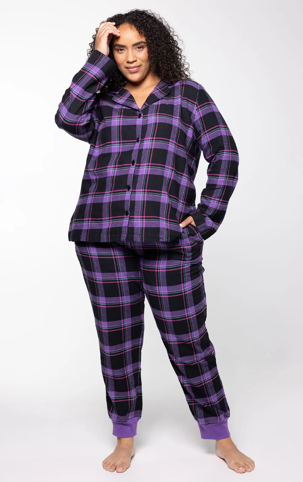 Plaid Button-Front Jogger Pajamas