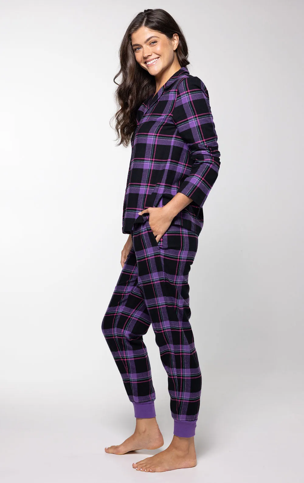 Plaid Button-Front Jogger Pajamas