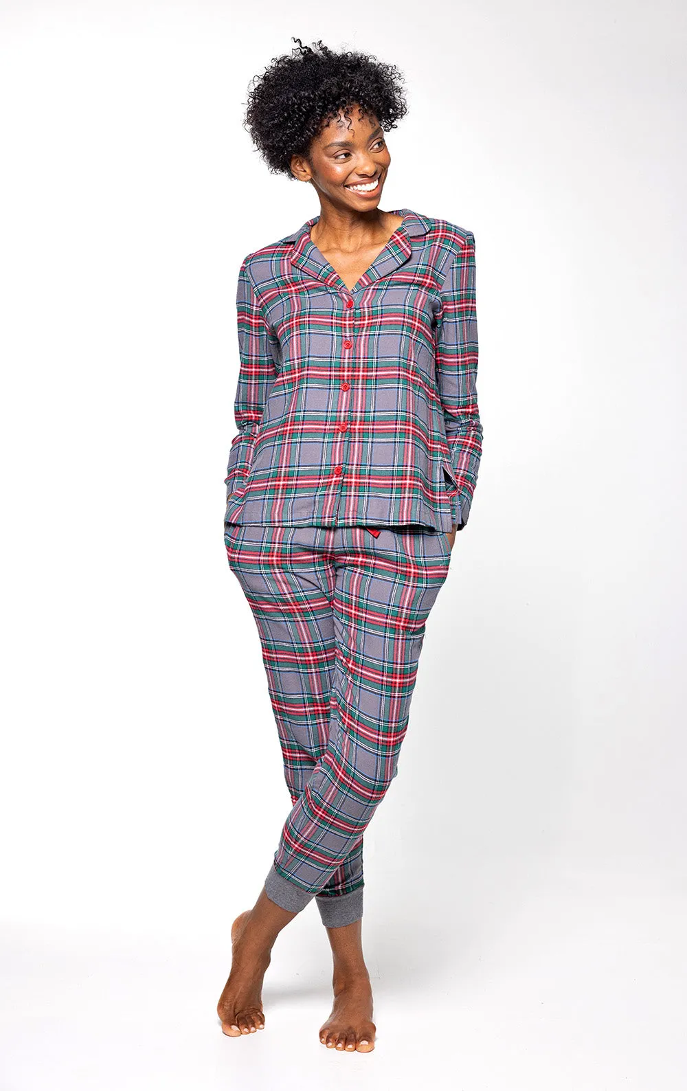Plaid Button-Front Jogger Pajamas