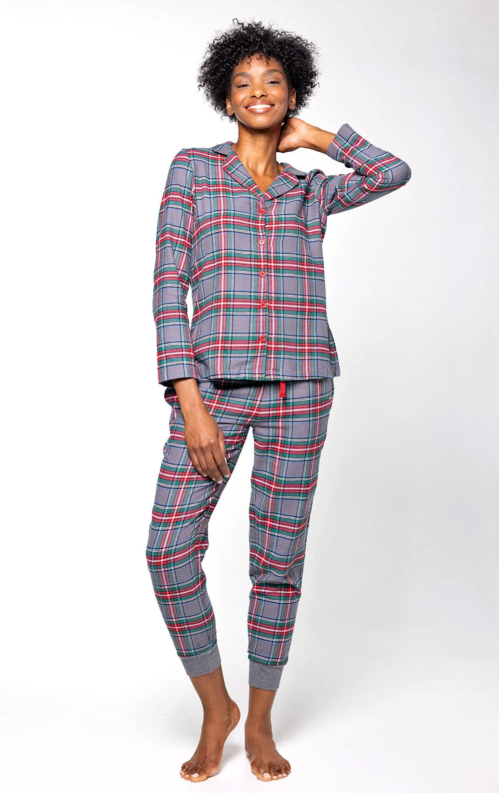 Plaid Button-Front Jogger Pajamas