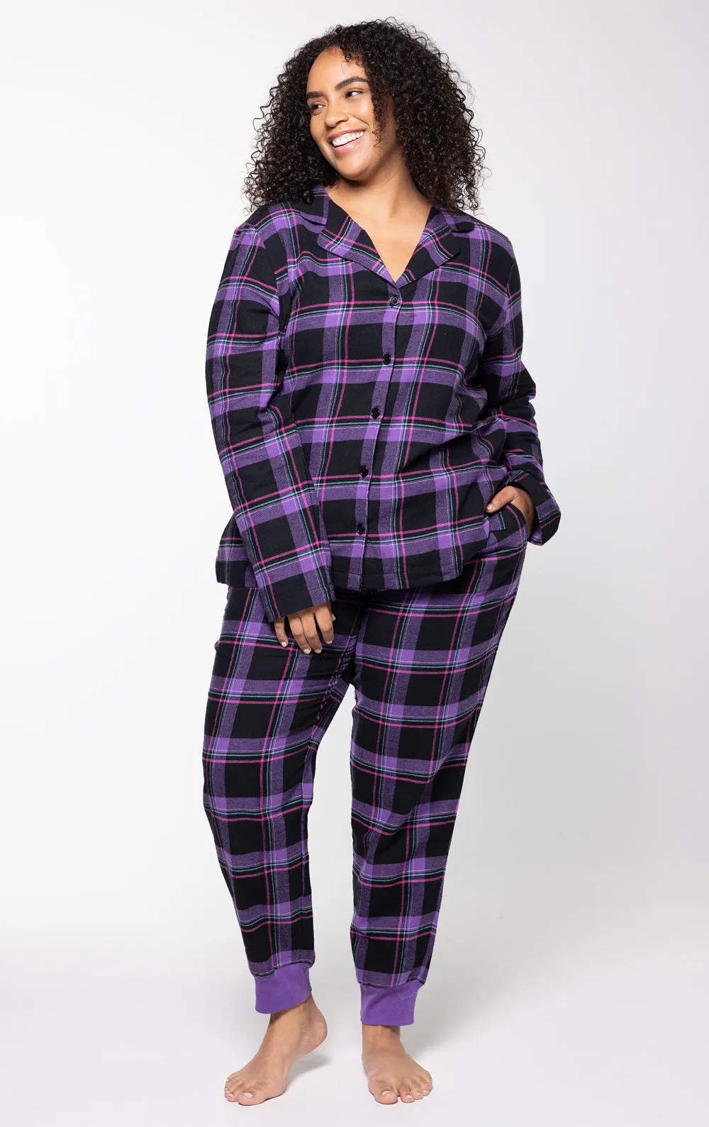 Plaid Button-Front Jogger Pajamas
