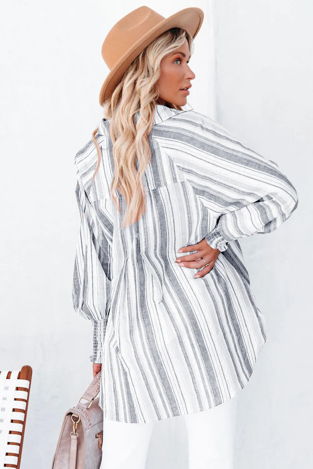 Pocketed Striped Button Shirt with Slits