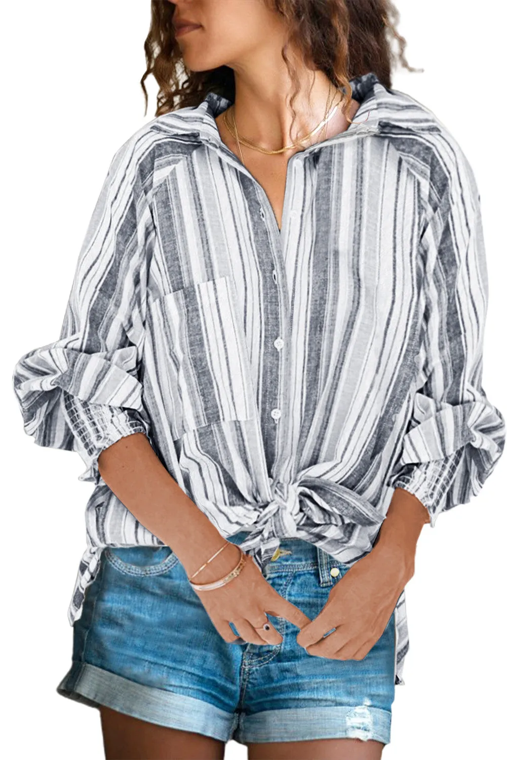 Pocketed Striped Button Shirt with Slits