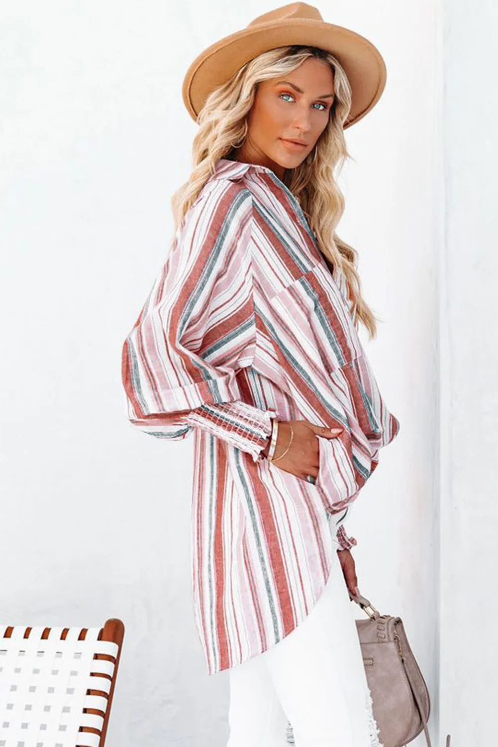 Pocketed Striped Button Shirt with Slits