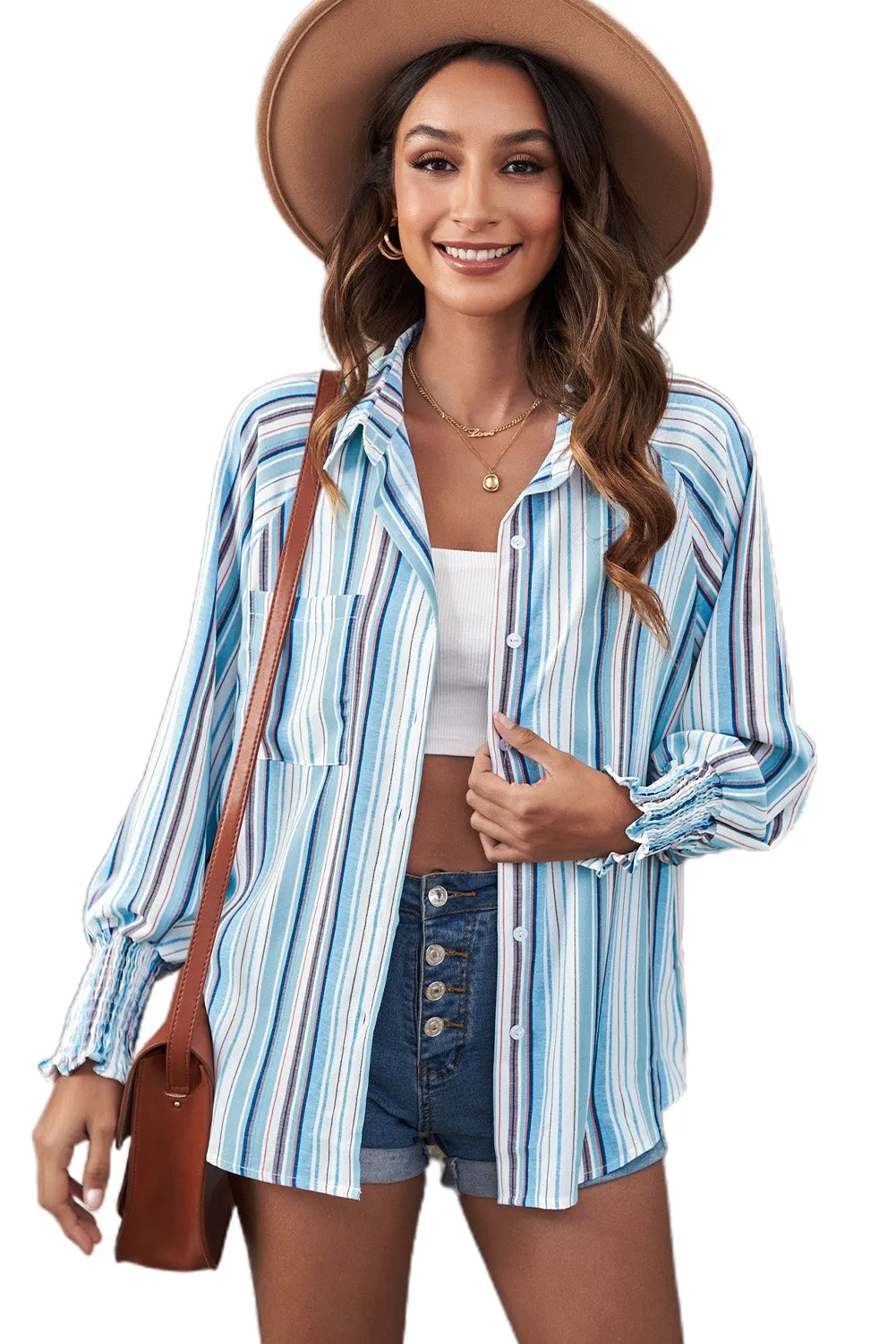 Pocketed Striped Button Shirt with Slits