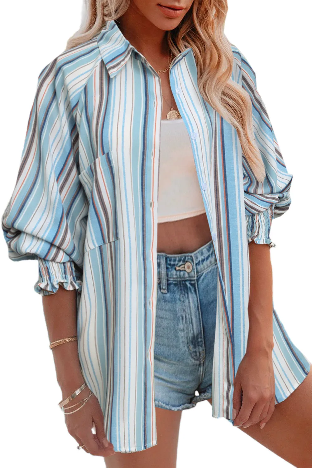 Pocketed Striped Button Shirt with Slits