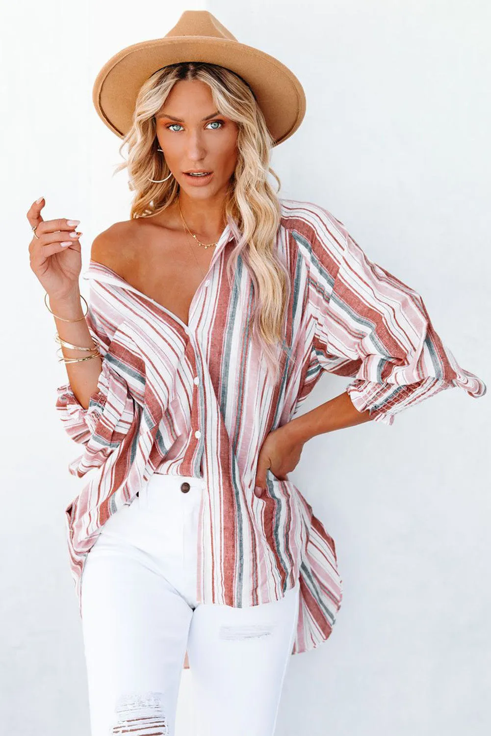 Pocketed Striped Button Shirt with Slits