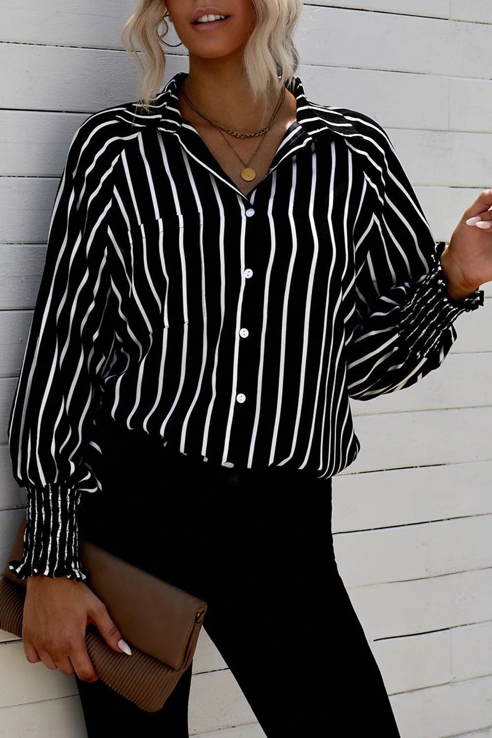 Pocketed Striped Button Shirt with Slits