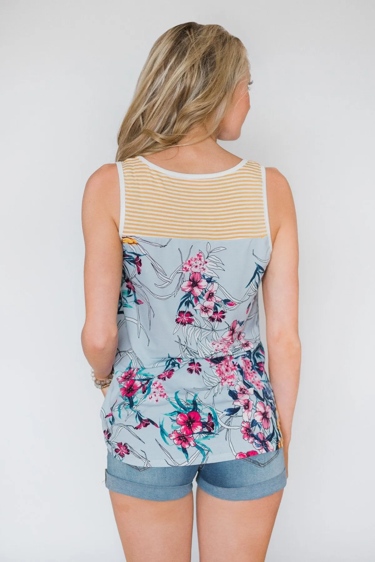 Pocketful Of Sunshine Floral & Stripe Tank Top- Yellow