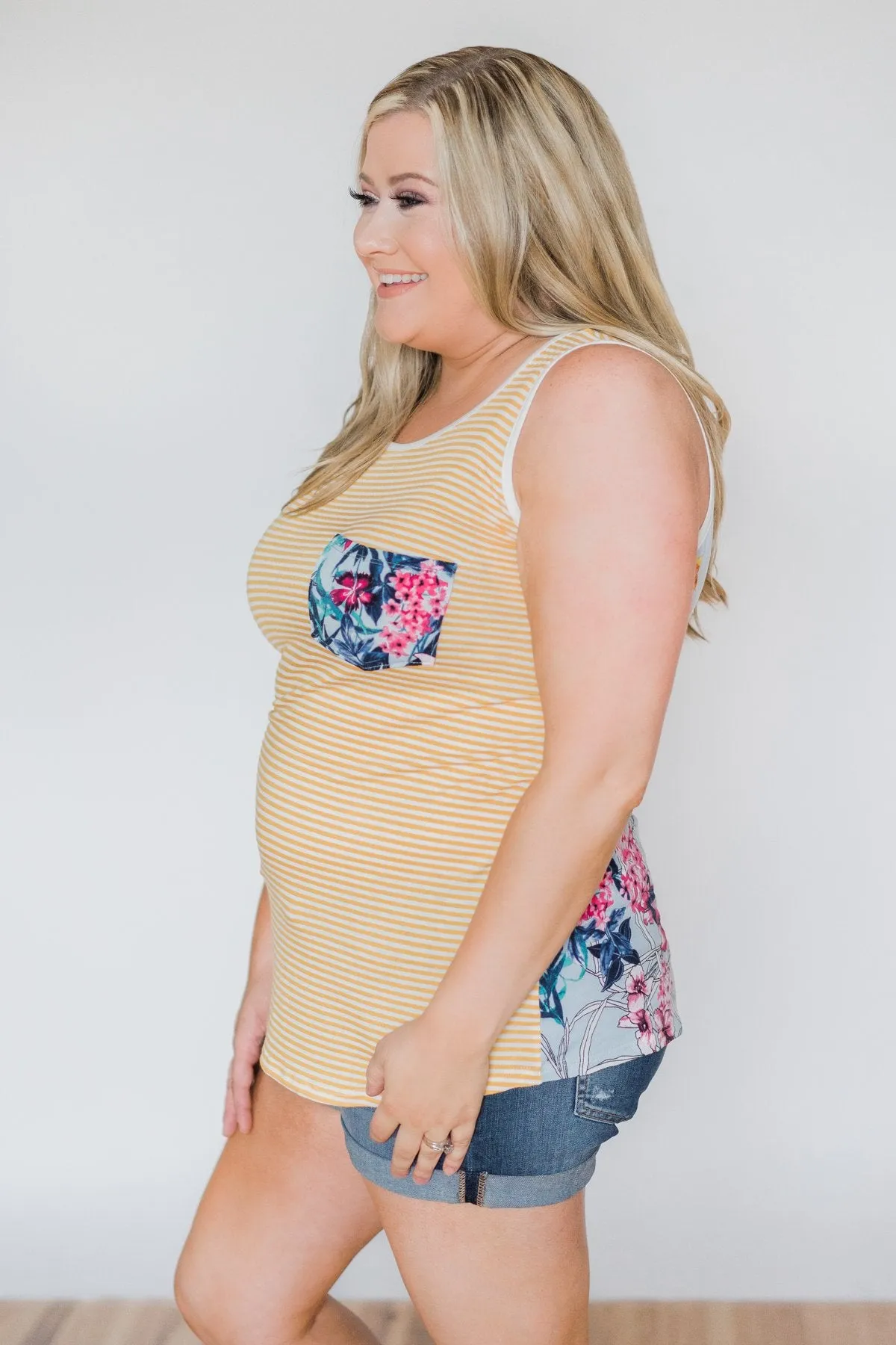 Pocketful Of Sunshine Floral & Stripe Tank Top- Yellow