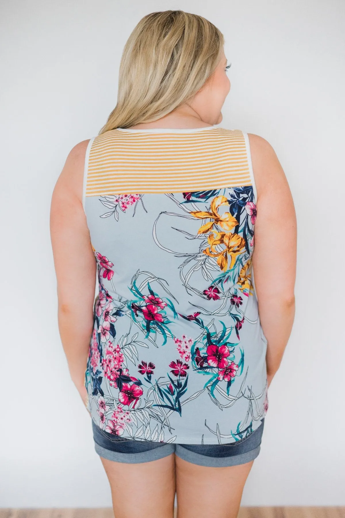 Pocketful Of Sunshine Floral & Stripe Tank Top- Yellow