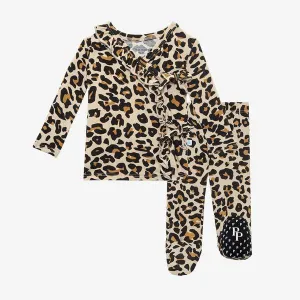 Posh Peanut Lana Leopard Tan-Tie Front Ruffled Kimono