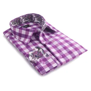 Purple & White Check Mens Slim Fit Designer Dress Shirt - tailored Cotton Shirts for Work and Casual Wear
