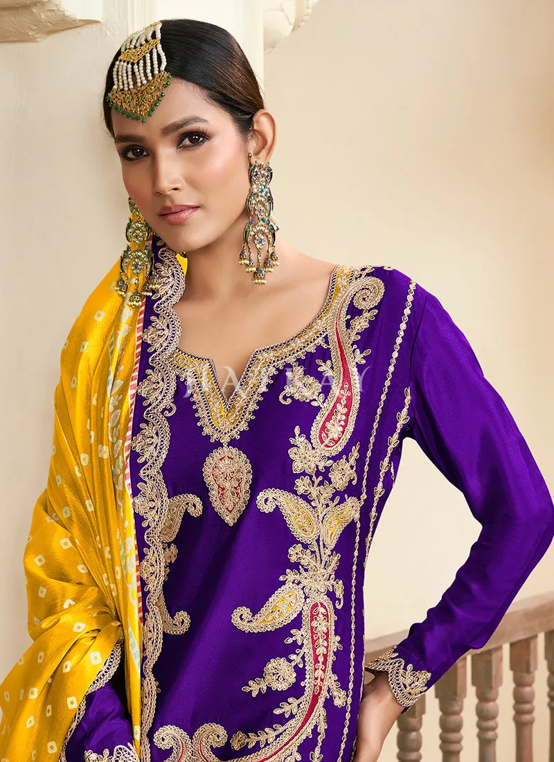 Purple And Yellow Dhoti Style Punjabi Suit