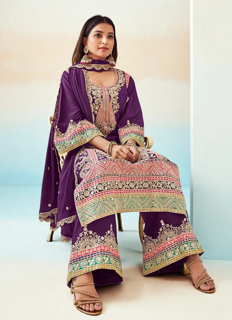 Purple Embroidered Traditional Palazzo Style Salwar Suit