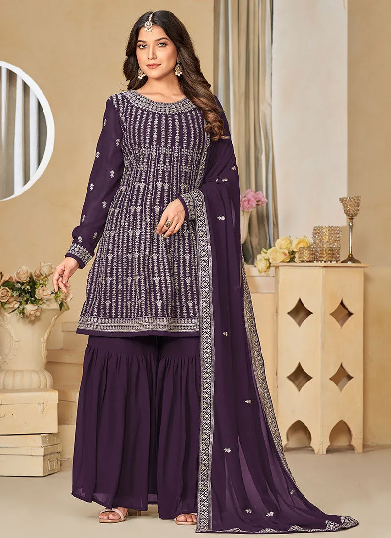 Purple Sequence Embroidery Gharara Suit