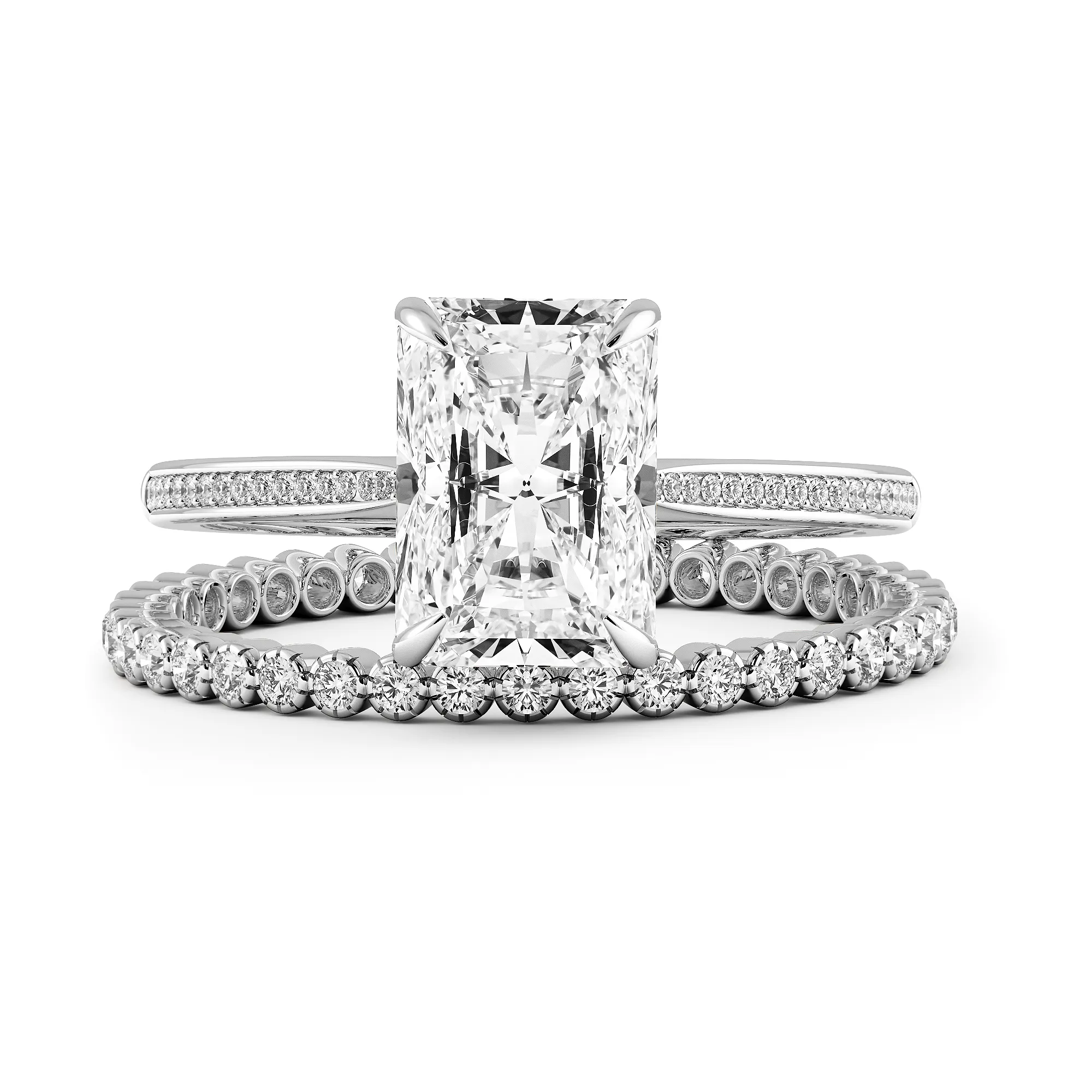 Radiant Cut Hidden Halo Pave Cathedral Engagement Ring Bridal Set - 484