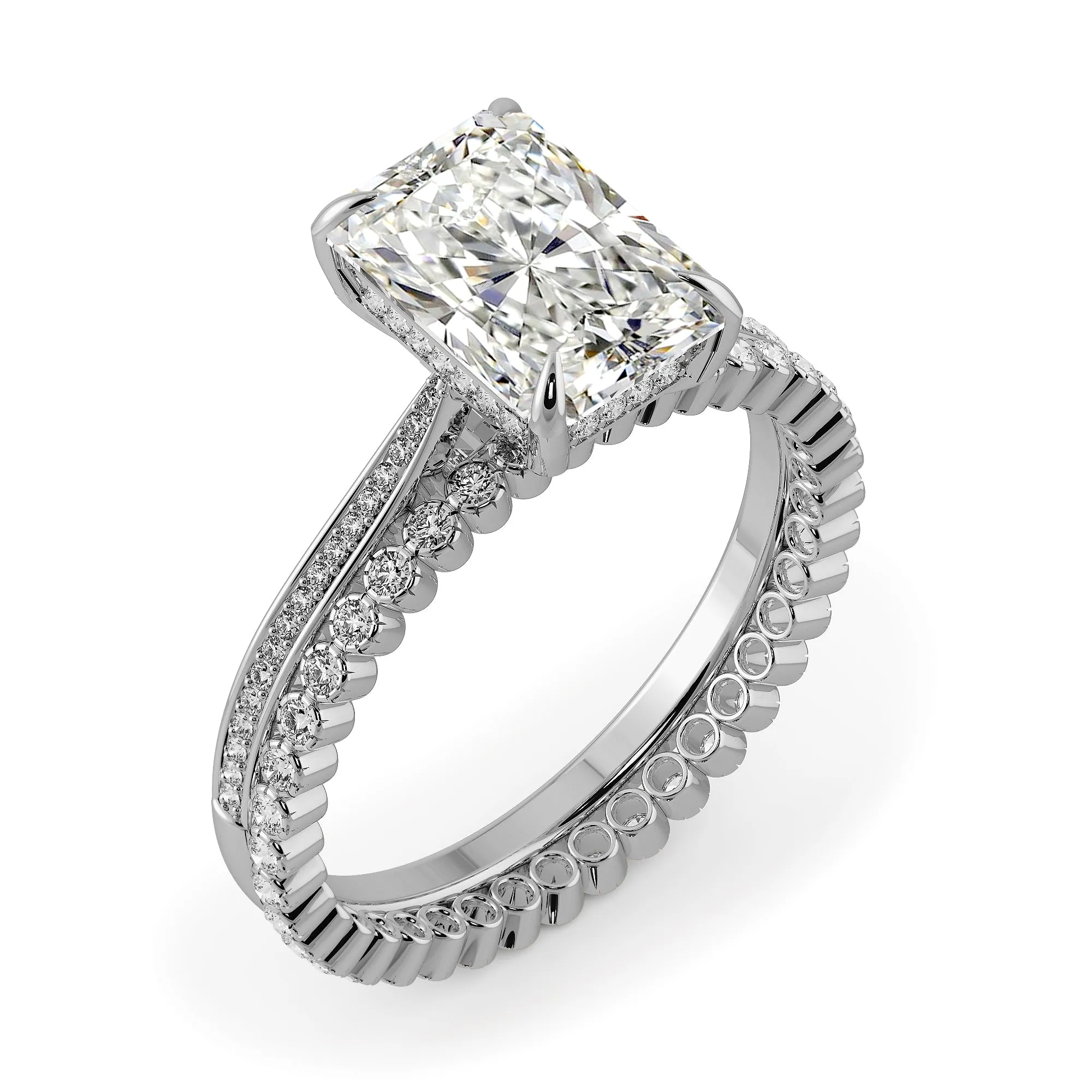 Radiant Cut Hidden Halo Pave Cathedral Engagement Ring Bridal Set - 484