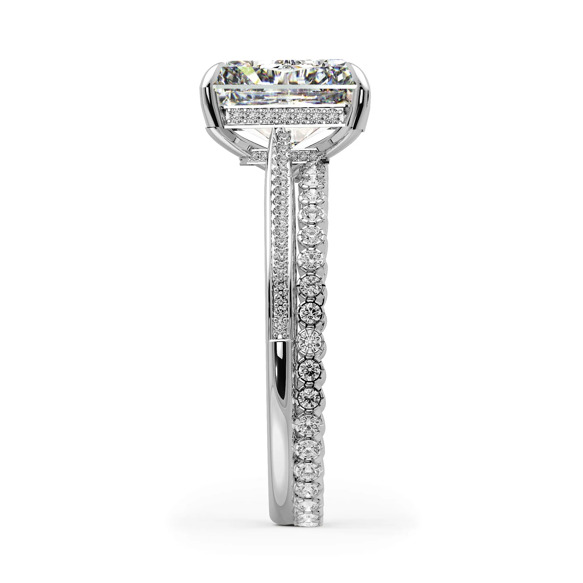 Radiant Cut Hidden Halo Pave Cathedral Engagement Ring Bridal Set - 484