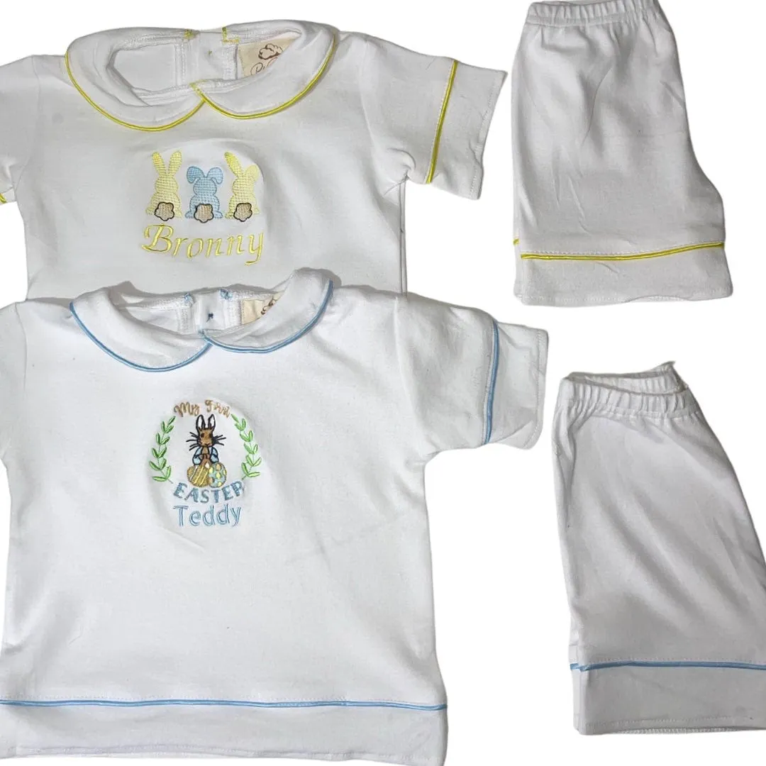 Reatoxk Boys Luxe pyjamas Summer Yellow or Blue (Choose your own Embroidery options available) 🤍