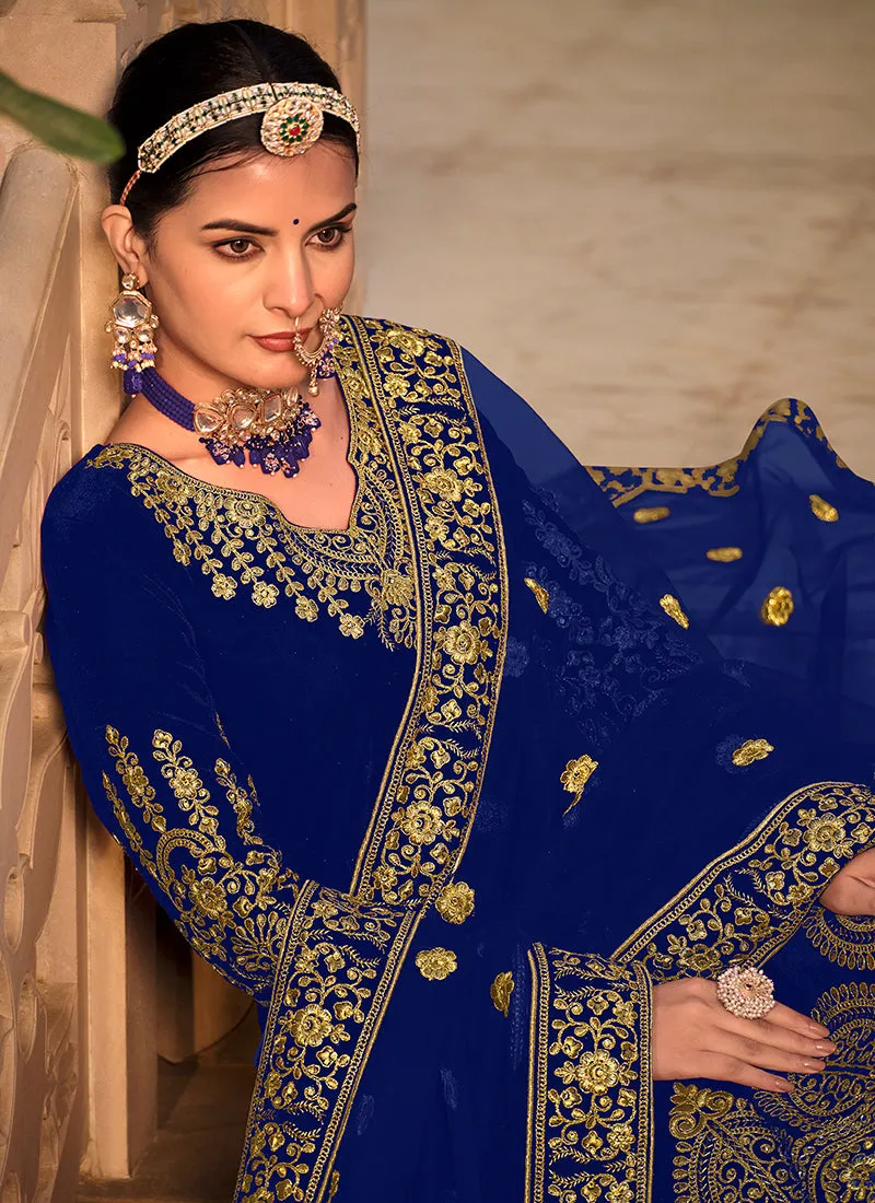 Royal Blue Traditional Velvet Anarkali Suit
