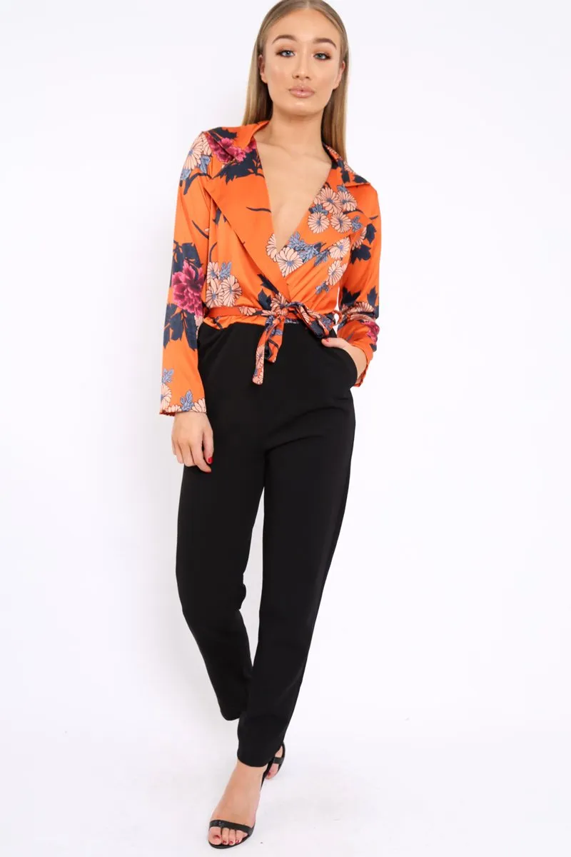 Rust Floral Plunge Satin Wrap Front Jumpsuit - Talulah