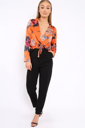 Rust Floral Plunge Satin Wrap Front Jumpsuit - Talulah