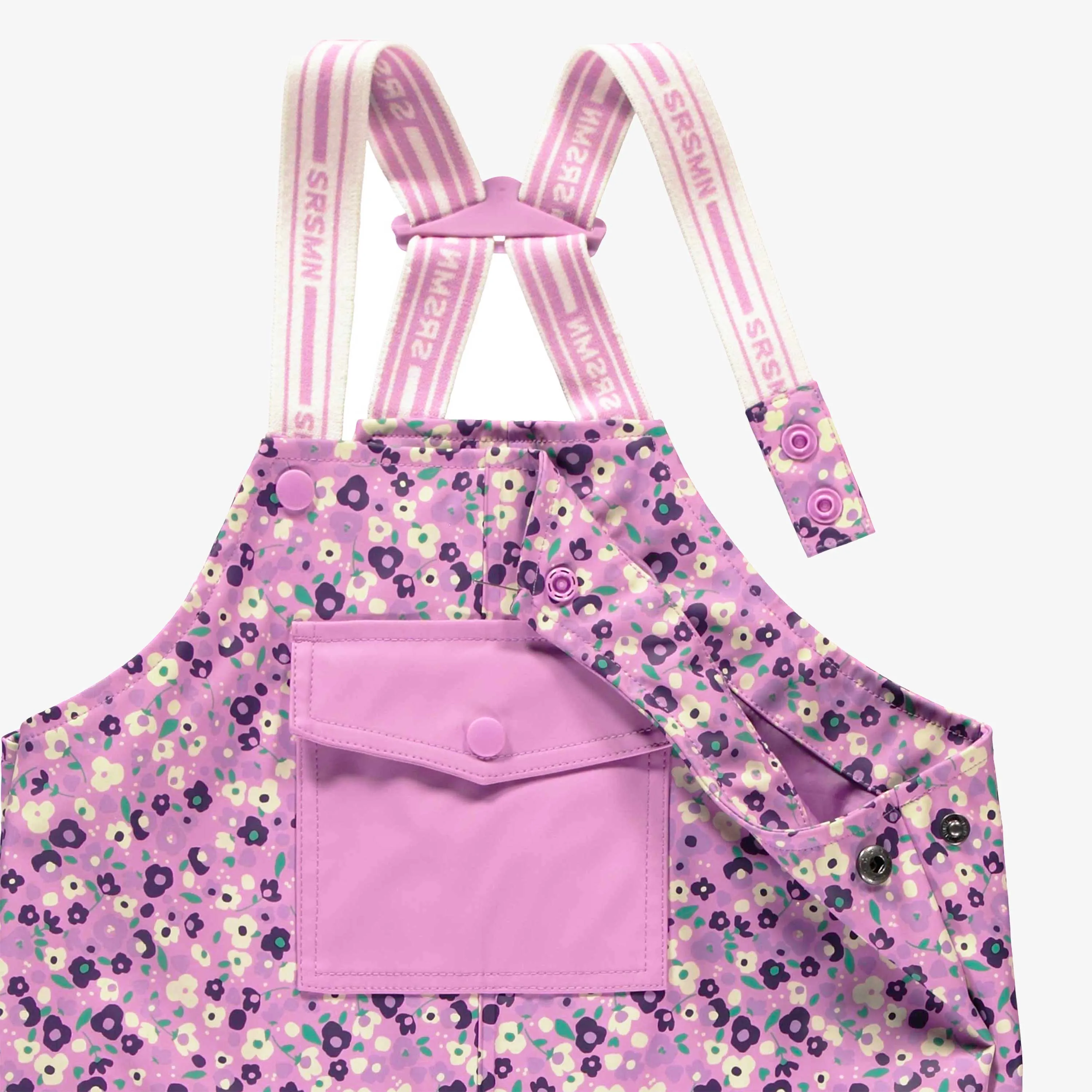Salopette de pluie mauve en polyuréthane à motifs de fleurs, enfant || Purple polyurethane rain overalls with flower all over print, child