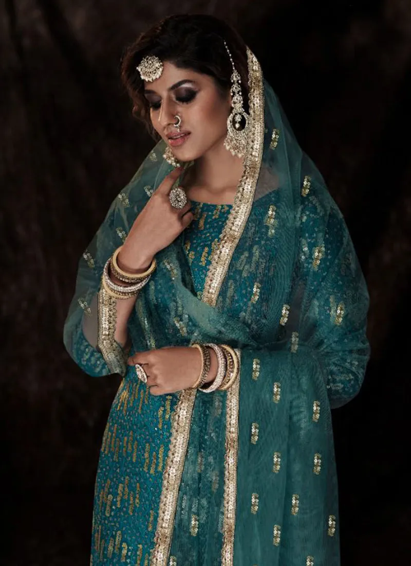 Sapphire Blue Sequence Embroidered Sharara Suit