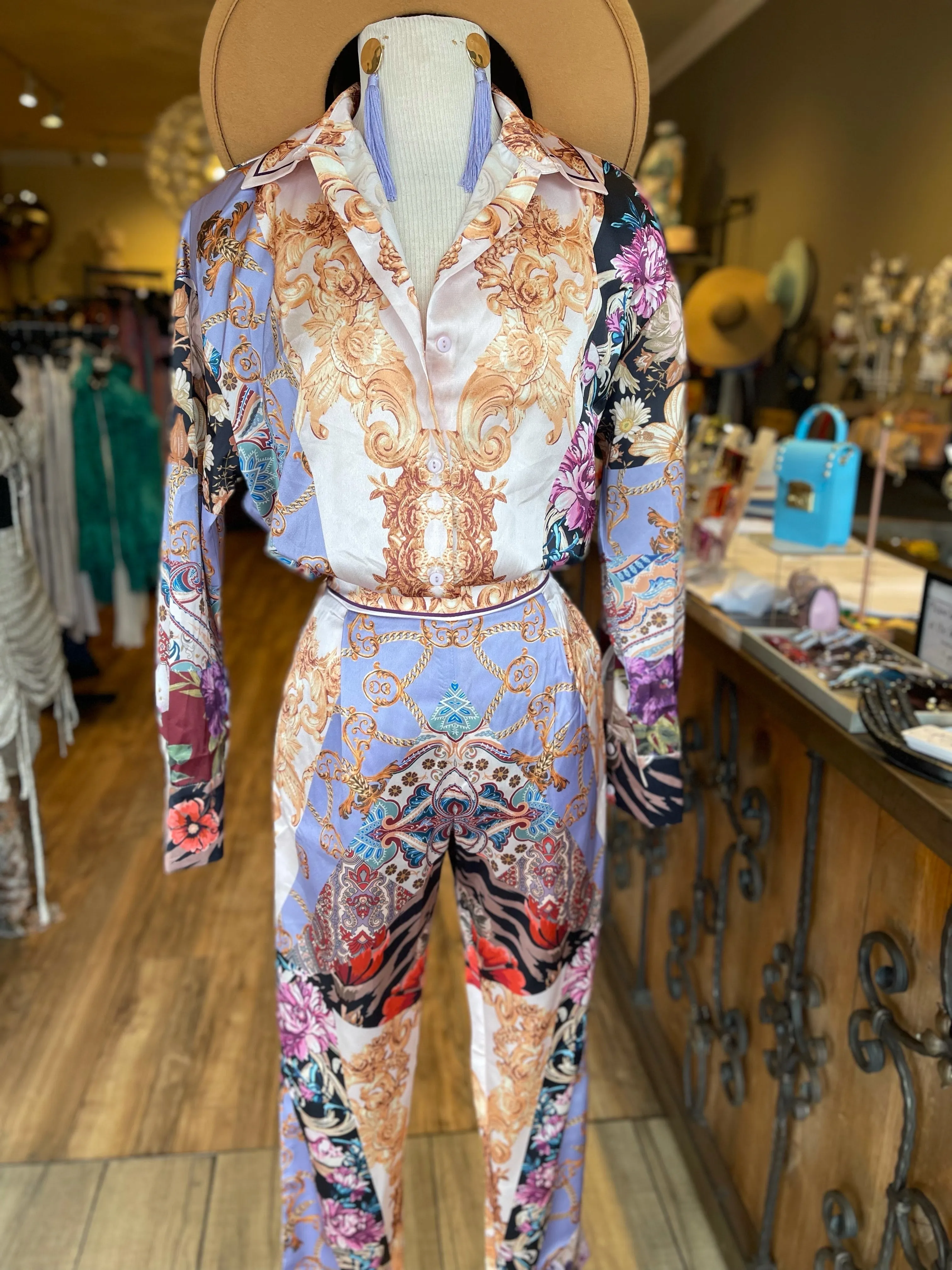 Satin Printed Button Down Pants Set FINAL SALE