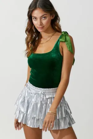 Satin Tie Velvet Bodysuit - Green -