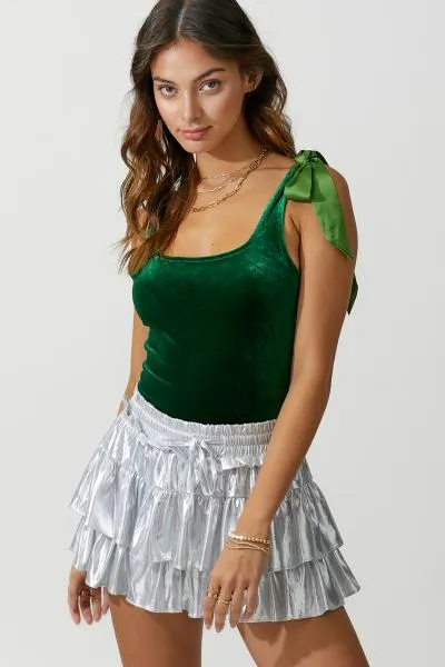 Satin Tie Velvet Bodysuit - Green -