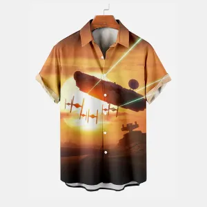 Sci-Fi Gorgeous Sunset Space Warship Short Sleeve Shirt