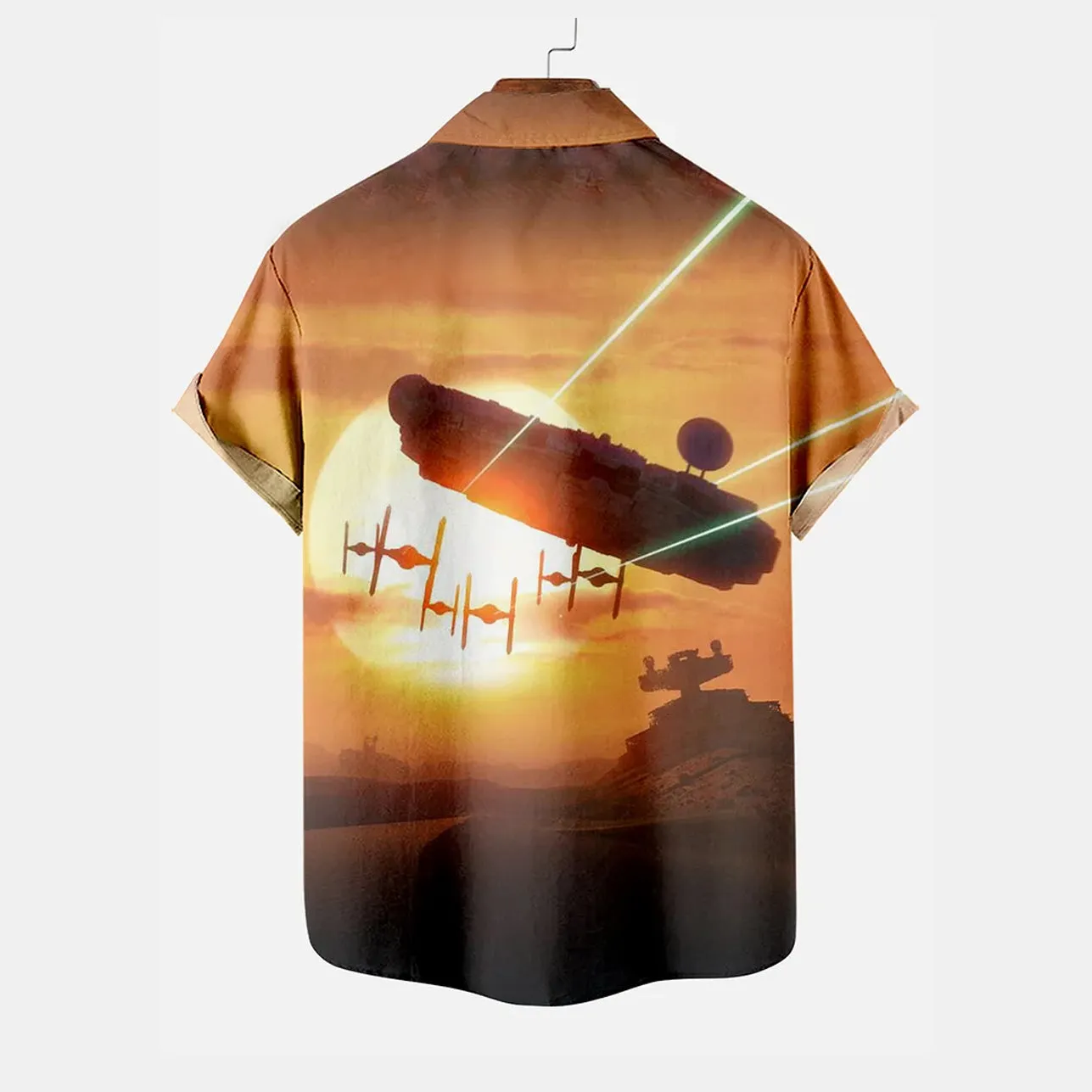 Sci-Fi Gorgeous Sunset Space Warship Short Sleeve Shirt