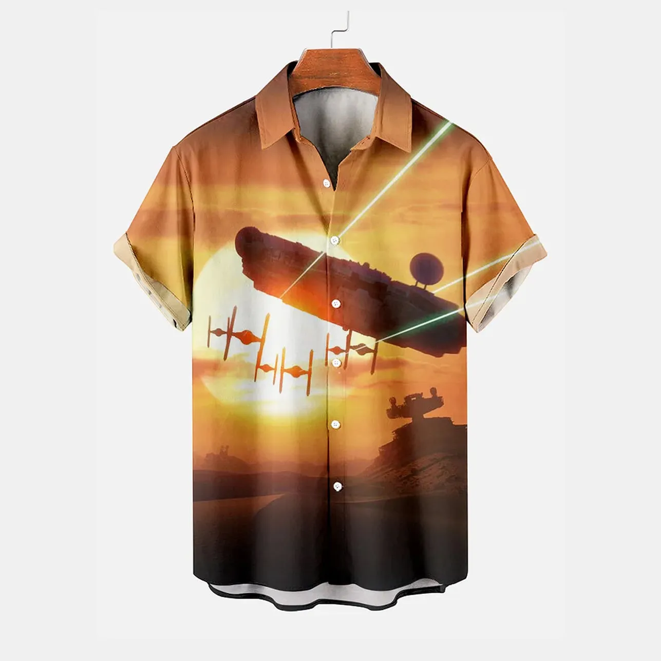Sci-Fi Gorgeous Sunset Space Warship Short Sleeve Shirt