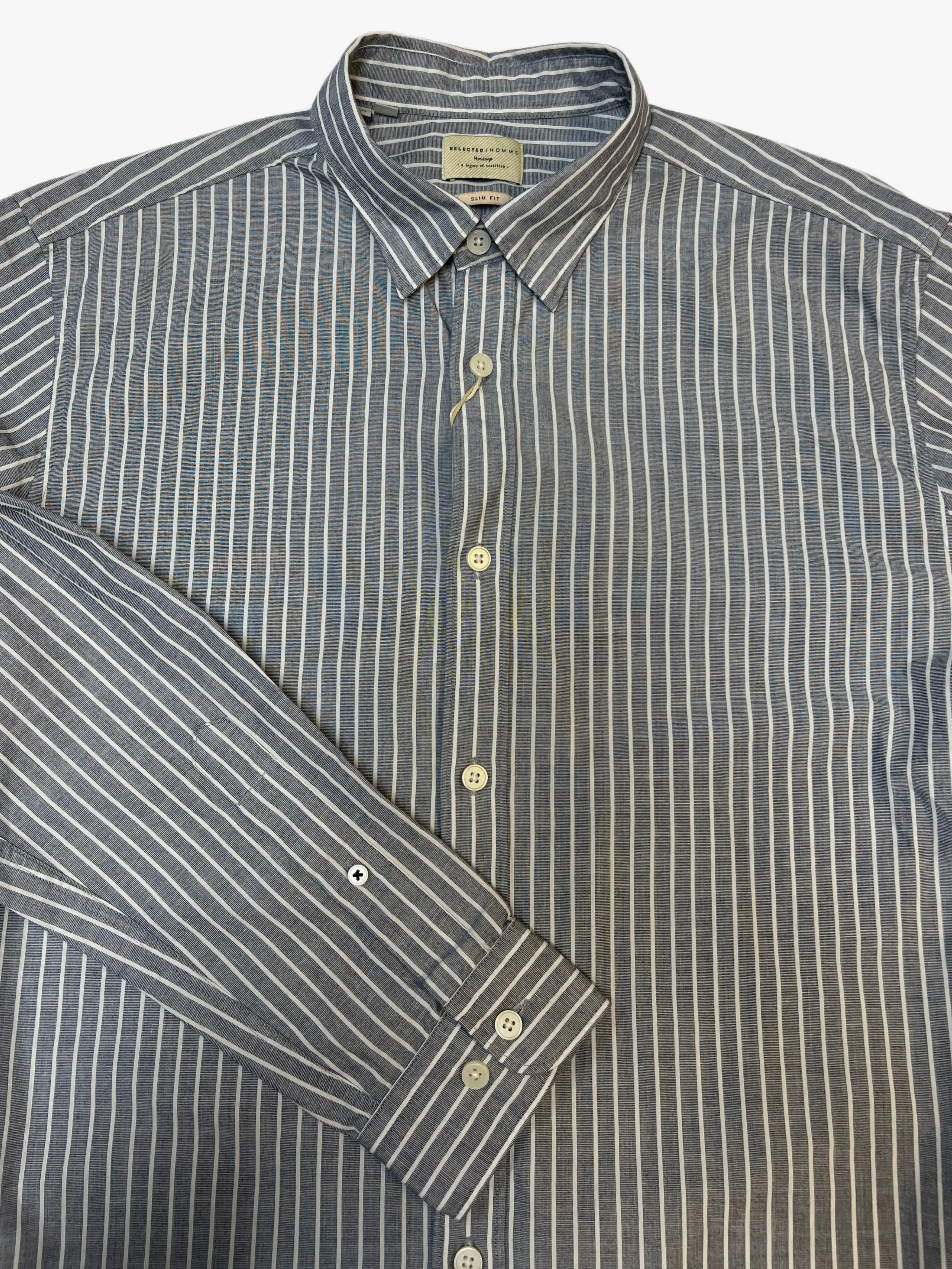 SELECTED Men's Dark Sapphire Striped Long Sleeve Dress Shirt Sz M NWT